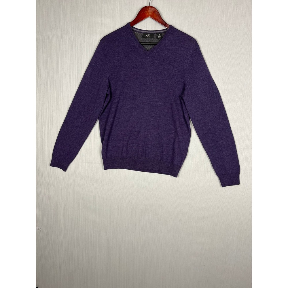 Calvin Klein 100% Merino Wool Sweater Mens M Purple V-Neck FAIR READ